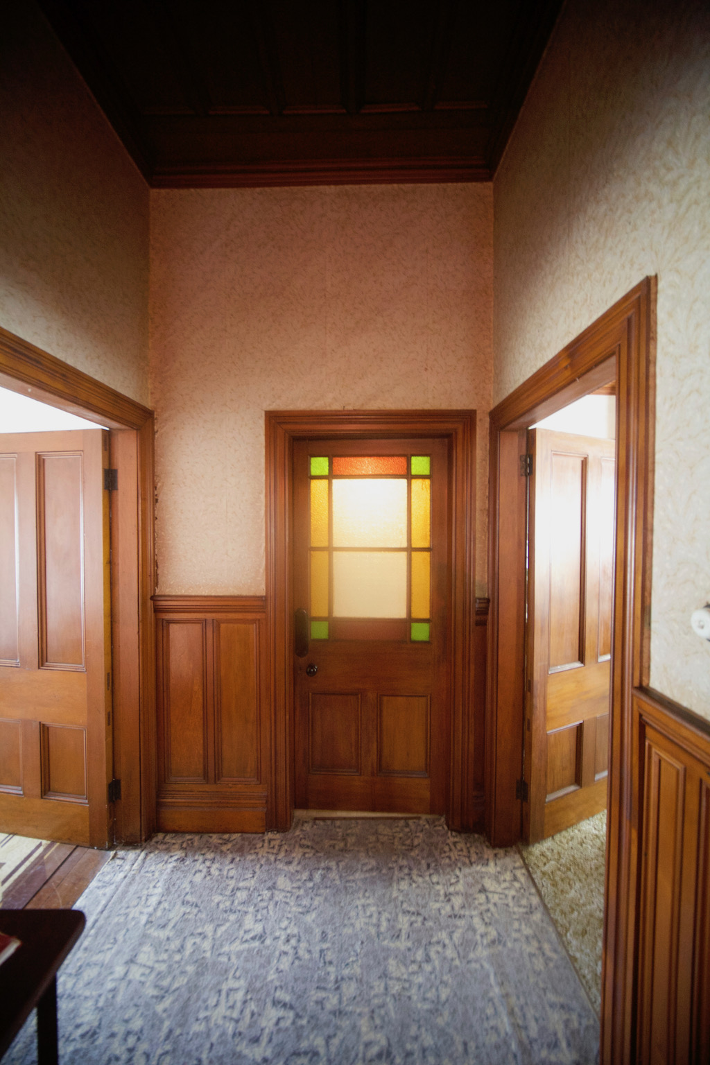 The end of the halls stained glass door Beautiful stained glass Kauri door